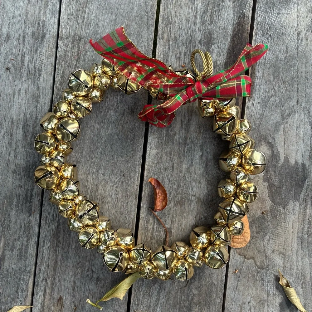 Festive Gold Bell Wreath with Red Plaid Ribbon